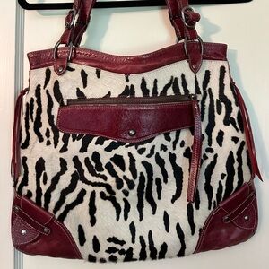 Marco Buggiani Calf Hair Zebra Print, Oxblood Red Tote Bag. Made in Italy Purse